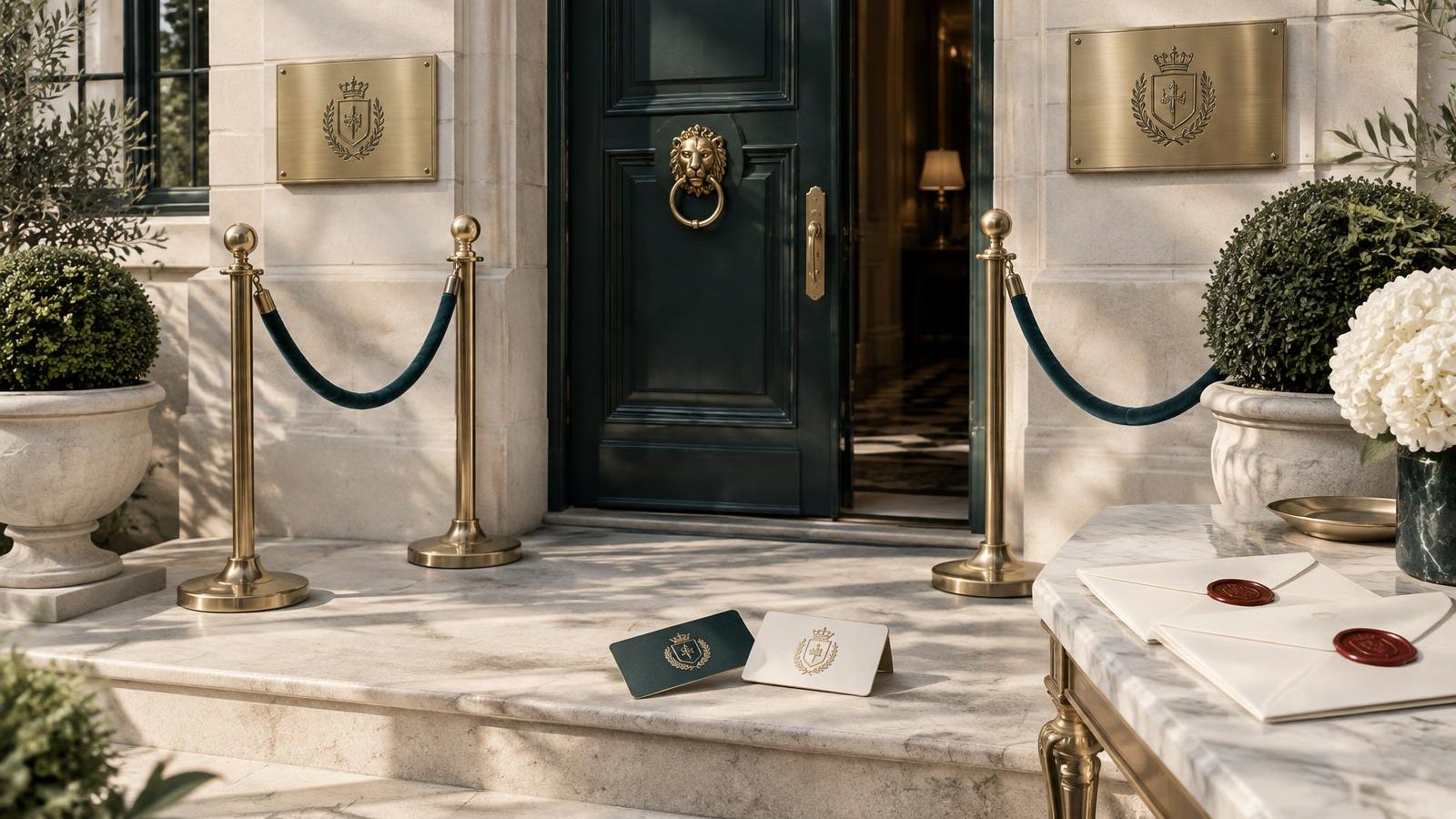 A members' club door with two identical plaques, two velvet ropes and two rival membership cards