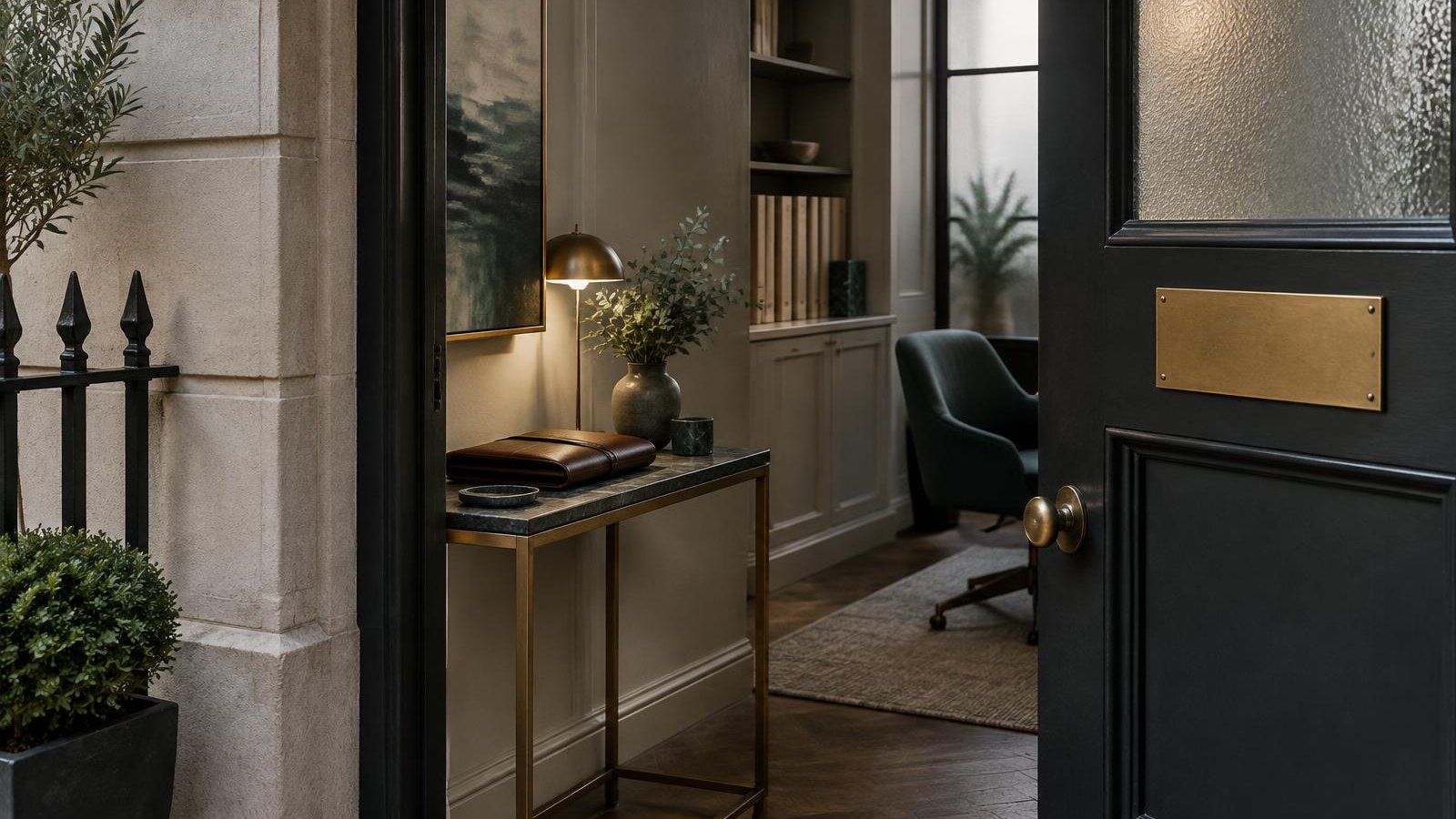 A discreet townhouse office door with a blank brass nameplate, opening onto a quiet hallway with a closed leather portfolio on a console table