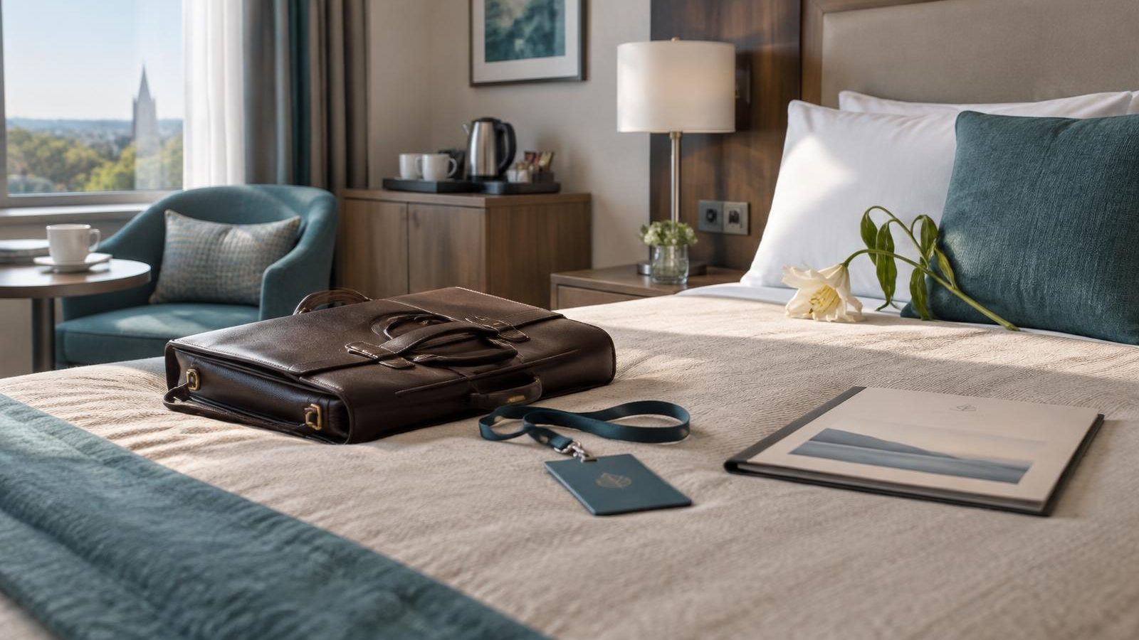 A tidy chain-hotel room with a partner's briefcase and retreat lanyard dropped on the bed