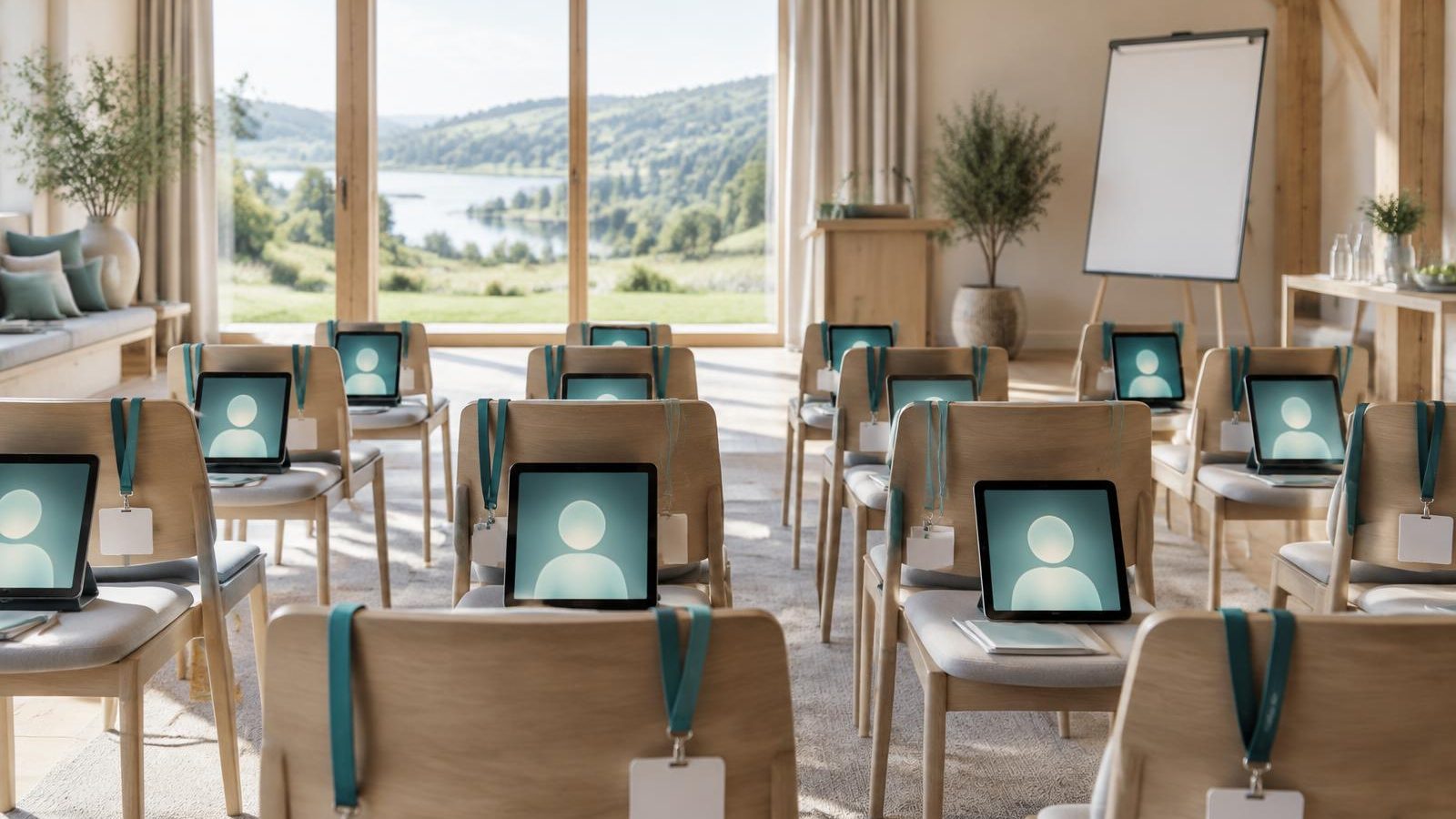 Rows of retreat chairs each holding a tablet showing an avatar silhouette instead of a person