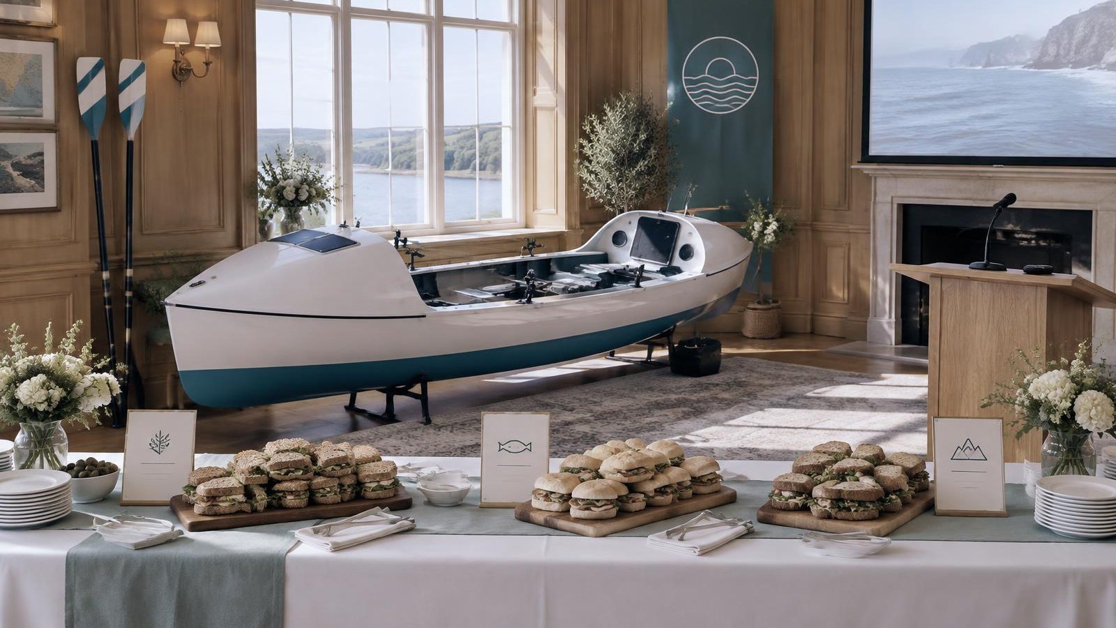 An ocean rowing boat displayed beside a lunch buffet of three competing sandwich platters
