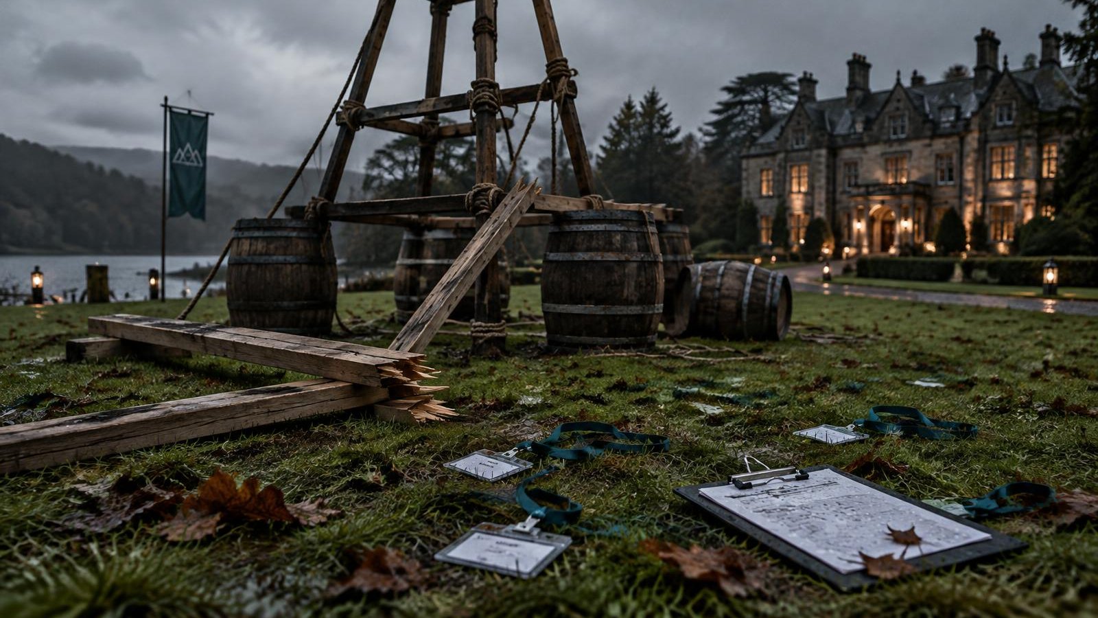 A half-built team-building tower of planks and barrels abandoned on a wet lawn at dusk, a snapped plank and dropped name badges in the grass before a lit manor house